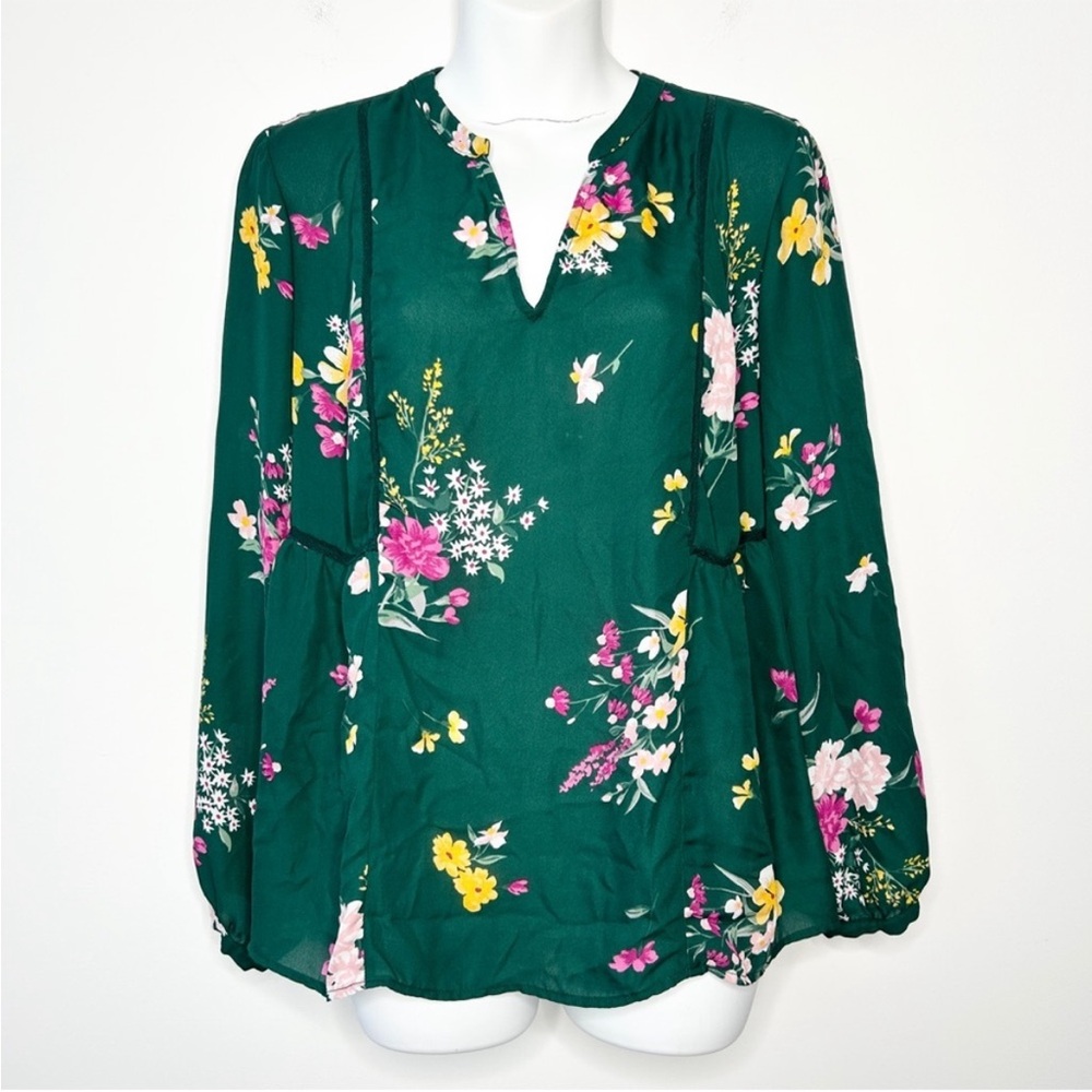 OLD NAVY Dark Green Floral Print Georgette Swing Blouse Size Medium - Picture 3 of 10